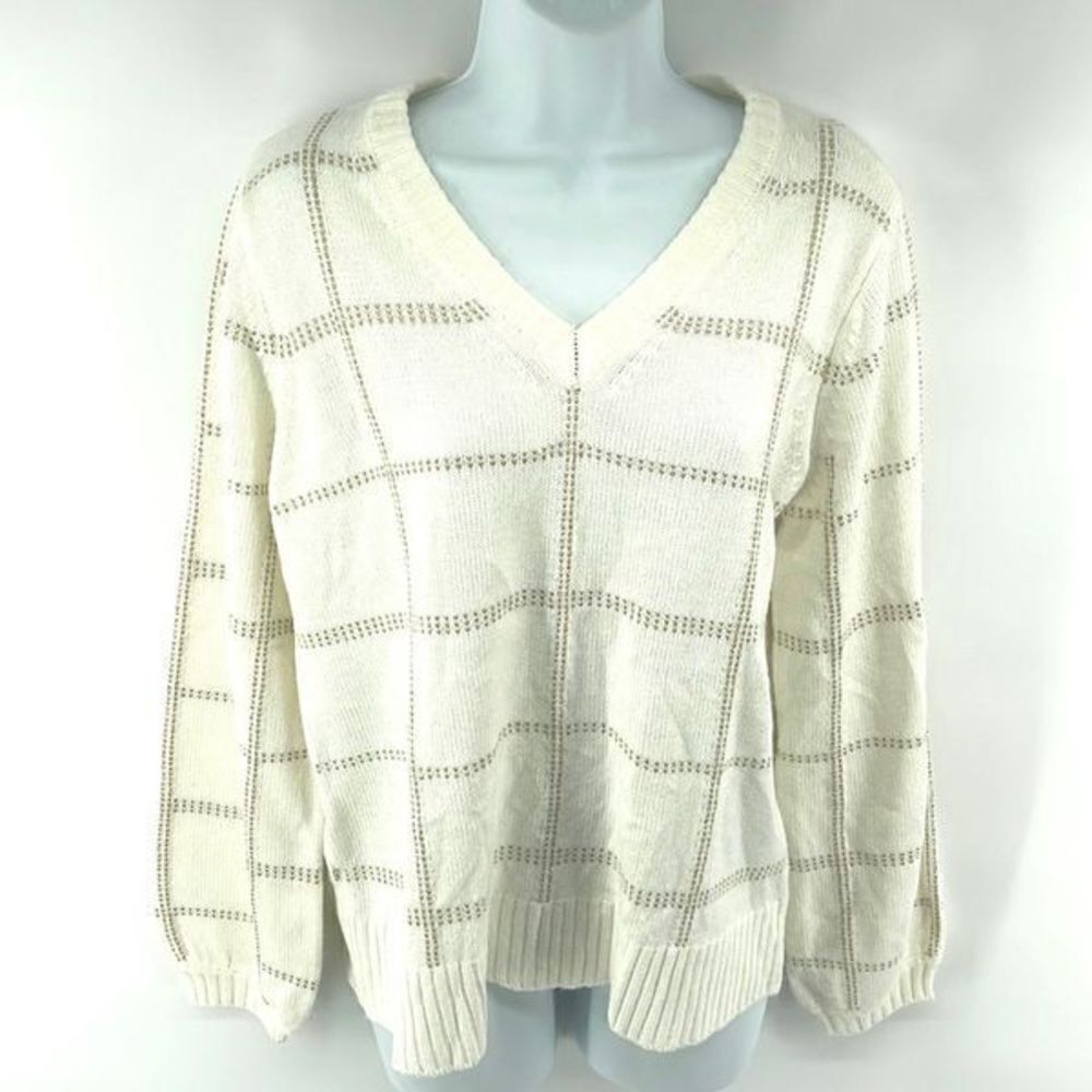 Worthington off white gold v neck sweater medium EUC grid design long sleeves
